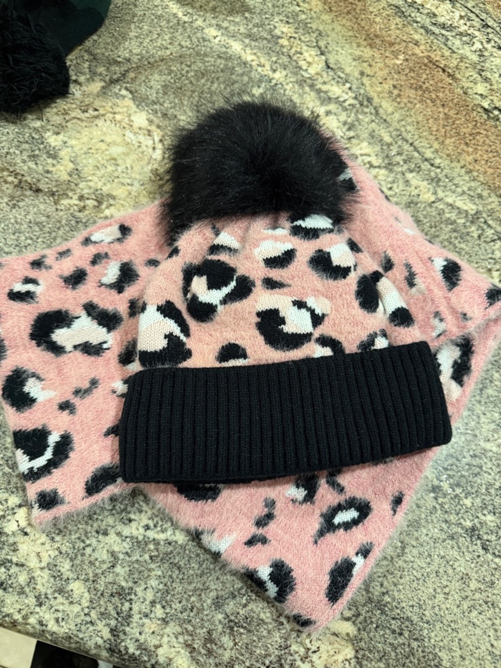 The Children's Place Pink Leopard Pom Beanie and Scarf Set with Black Trim
